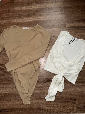 Zara Cream Tie-Front Ribbed Top & Tan V‑Neck Long‑Sleeve Bodysuit Set